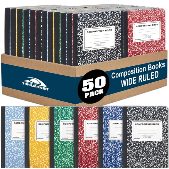 Trailmaker Bulk Composition Notebooks Colored (50 Pack), Wide Ruled Marble Cover, 200 Pages (100 Sheets), 9.75 x 7.5, Bulk School Supplies for Classroom, Office & School Donations