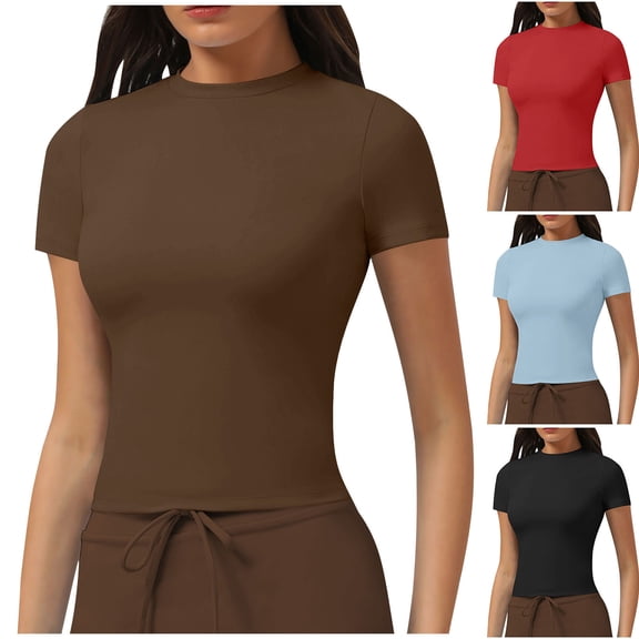 ZyeKqe Workout Tops for Women Short Sleeve Shirts Round Neck T Shirts Stretchy Slim Fitted Basic Tees
