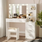 Rovaurx 46.7 Makeup Vanity Table with Lights and Mirror, 5 Drawers, Modern Dressing Desk, White