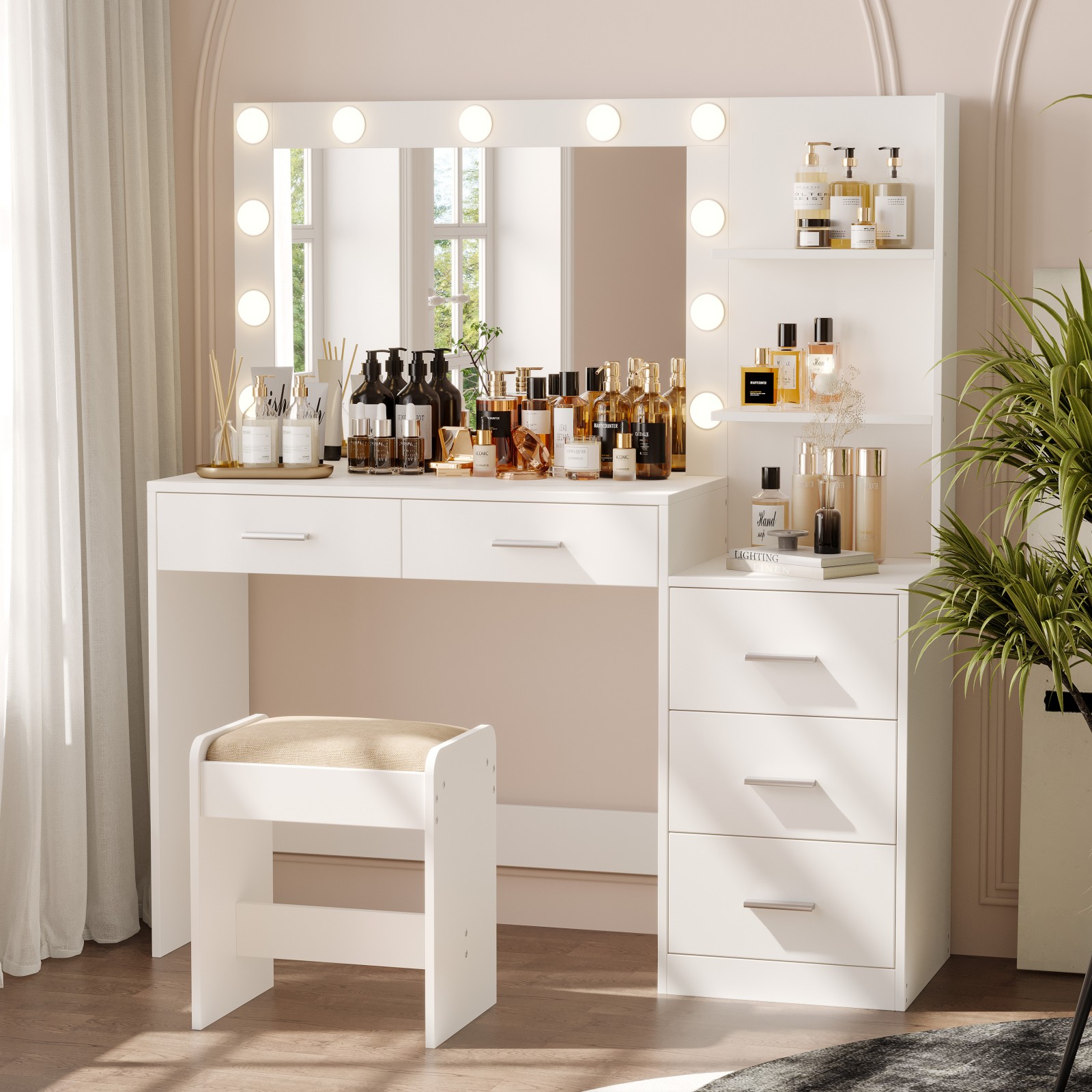 "Rovaurx 46.7"" White Modern Makeup Vanity Table with Lighted Glass 