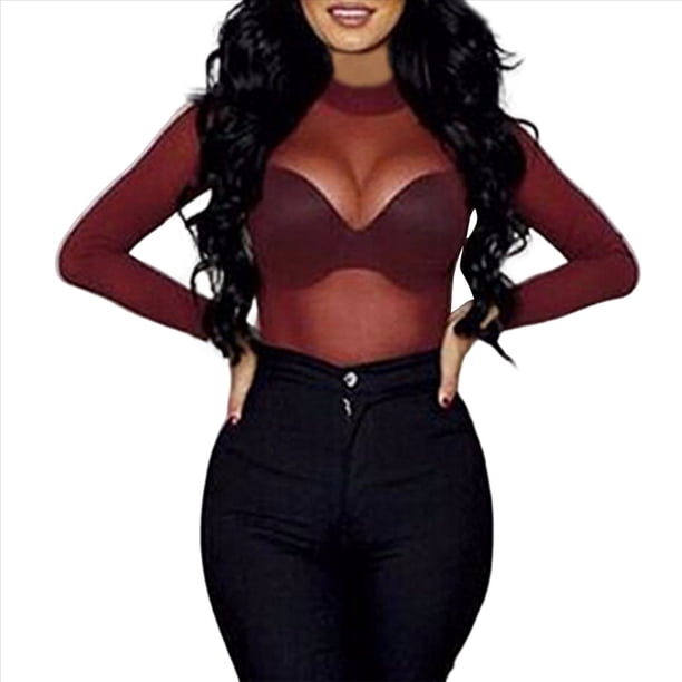 Camiseta de Larga Ajustada con Cuello Alto y Elástica Ultrafina para Mujer. Tops Transparentes. Vino Tinto XXXL