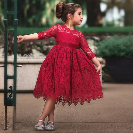 

THE WILD Girls Dresses Elegant Ruffled Lace Solid Color O-Neck Short Sleeve Midi Prom Dress Red