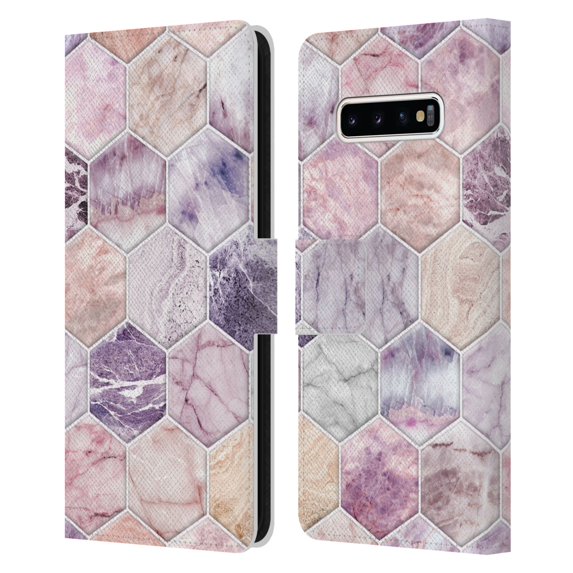 Micklyn Le Feuvre Marble Patterns Rose Quartz And Amethyst Stone And Hexagon Tile Leather Book Wallet Case Cover Compatible with Samsung Galaxy S10+ / S10 Plus