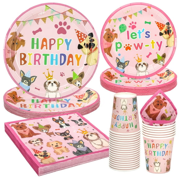 96 Pcs Party Plates and Cups and Napkins Sets,Pink Dog Theme Happy Birthday Paper Plates and Napkins Party Supplies for Birthday, Disposable Tableware Sets Serve for 24 Guests, Puppy
