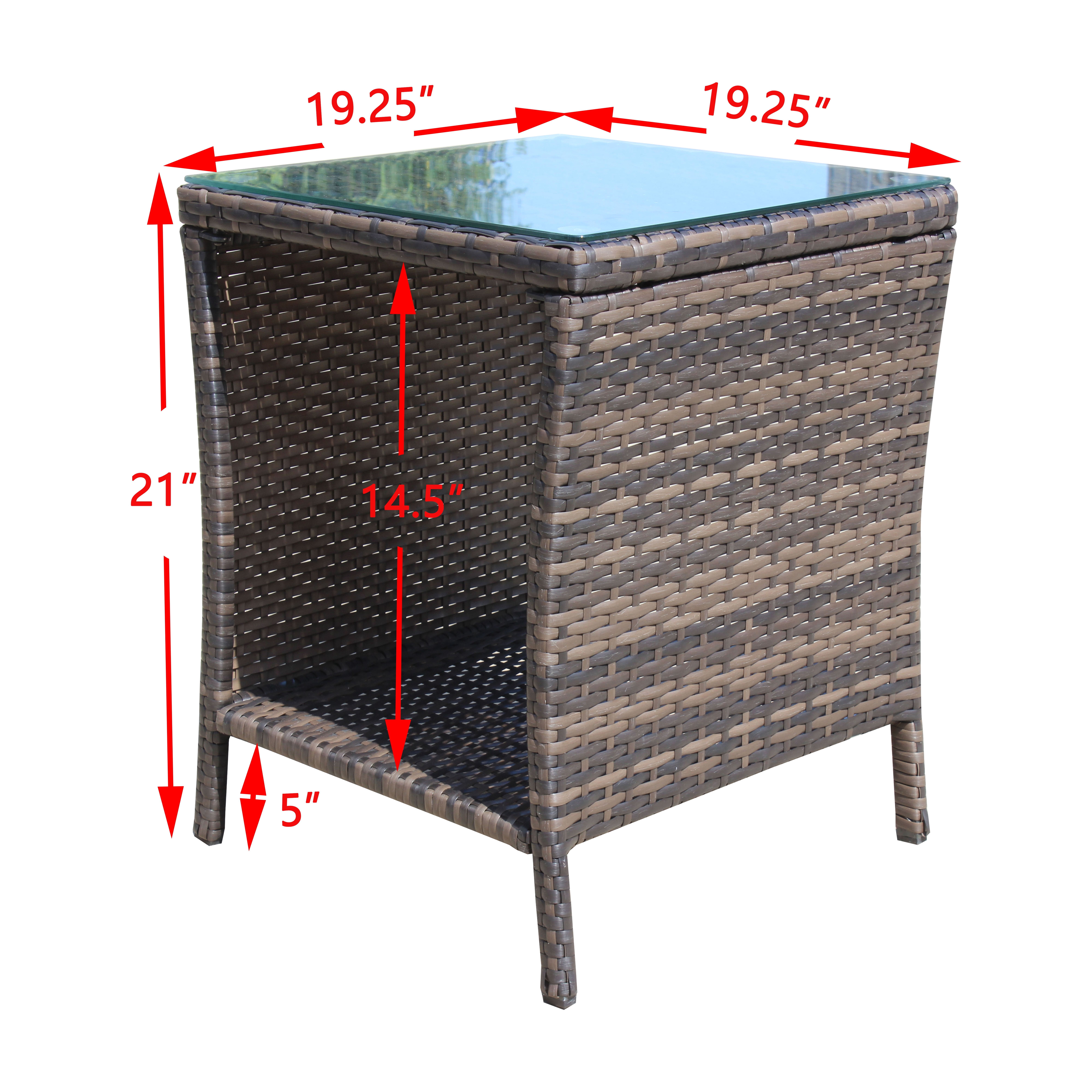 PE Rattan Outdoor Patio Coffee Table with 0.2 Inch Clear Tempered Glass Top, 19.25×19.25×21 Inch Steel Frame Side Table, 120LBS Weight Capacity UV & Water Resistant Garden Deck Table