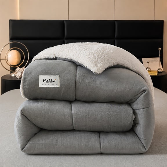 135cm x 200cm Light Gray Milk Velvet Comforter, Reversible Warm Lamb Fleece Winter Quilt