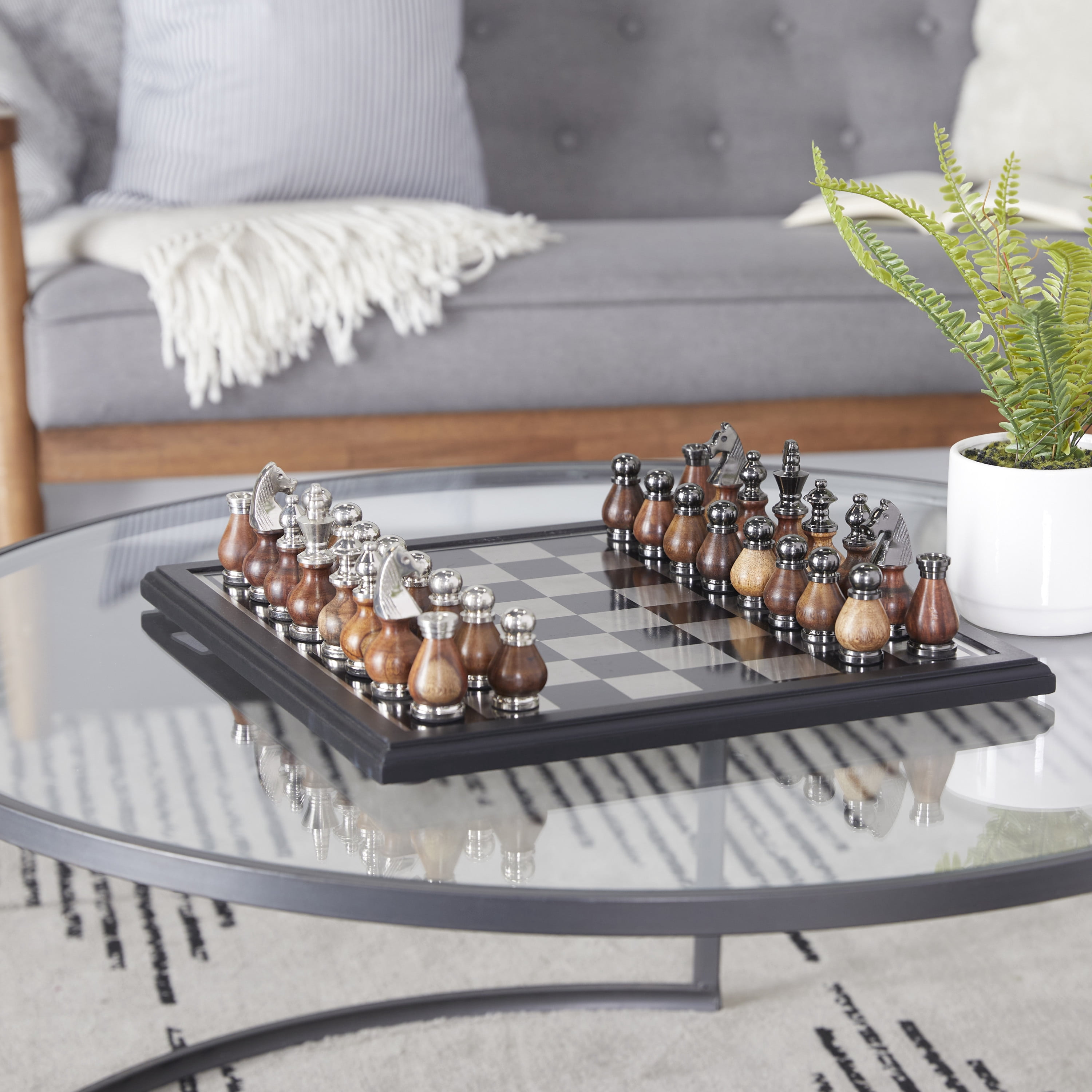 DecMode 16" x 4" Black Aluminum Chess Game Set, 1-Piece