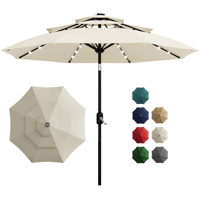 Garvee 10ft 3-Tier Solar Patio Umbrella with LED Lights, 8 Ribs, Push-Button Tilt, Crank Lift, Beige