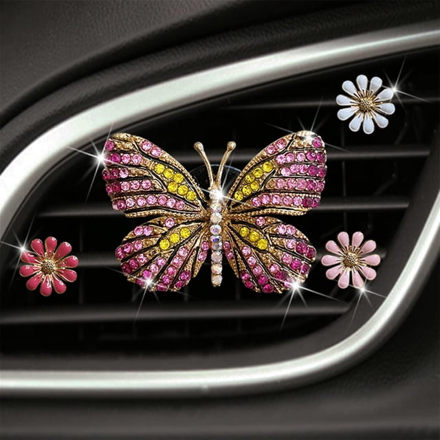 Lunfar Bling Butterfly Car Clip Decor Interior,Cute Car Vent Clips Dashboard Decorations, Car Accessories Air Aromatherapy Vent Clip,Car Air Freshener Vent Clips, Rhinestone Car Accessories for Girls