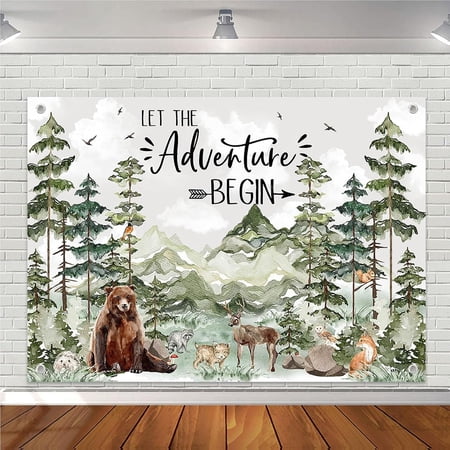 Woodland Baby Shower Backdrop Woodland Animals Baby Shower Decorations Adventure Forest Mountain Wilderness Photography Background Let The Adventure Begin Banner (Green)