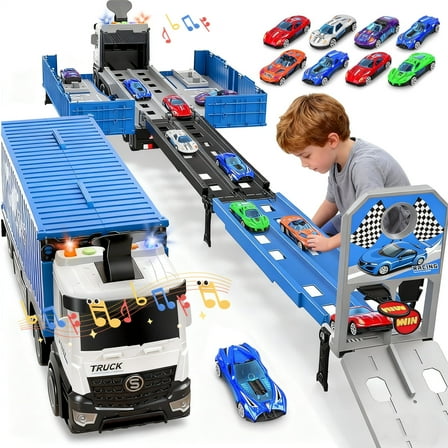 Sunforu Race Car Toy for Toddler, Car Track and 8 Cars with Light & Music, Carrier Truck Toy Set, Xmas Gift for 3 4 5 6 Year Old Boys Girls