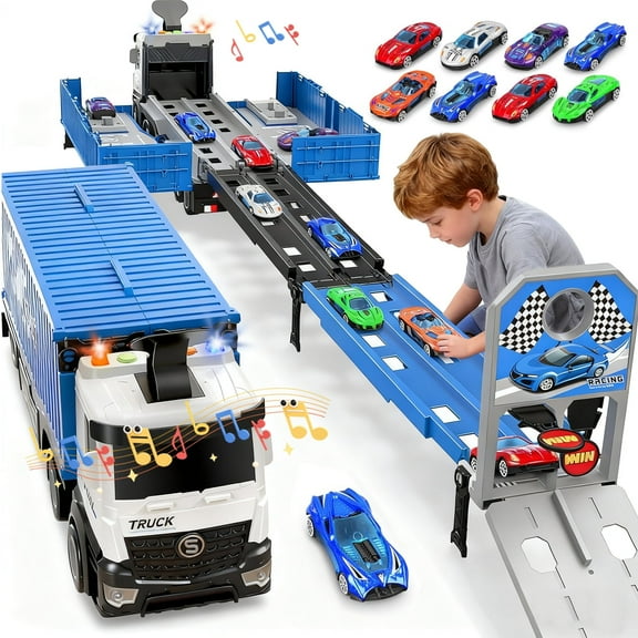 Sunforu Race Car Toy for Toddler, Car Track and 8 Cars with Light & Music, Carrier Truck Toy Set, Xmas Gift for 3 4 5 6 Year Old Boys Girls