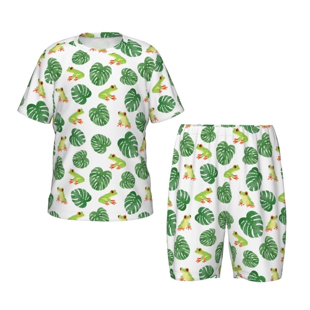 Balery Frogs And Tropical Leaves Conjunto de Pijama Infantil de Manga Corta con Estampado – Ropa de Dormir de Algodón Suave-XX-Large