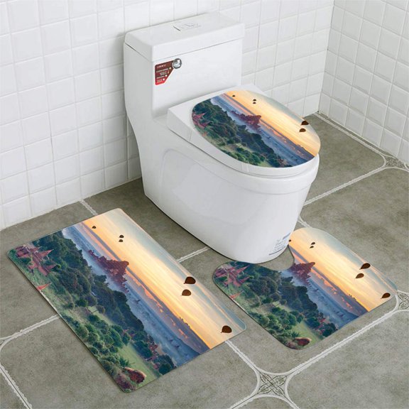 GOHAO Landmark Bagan 3 Piece Bathroom Rugs Set Bath Rug Contour Mat and Toilet Lid Cover