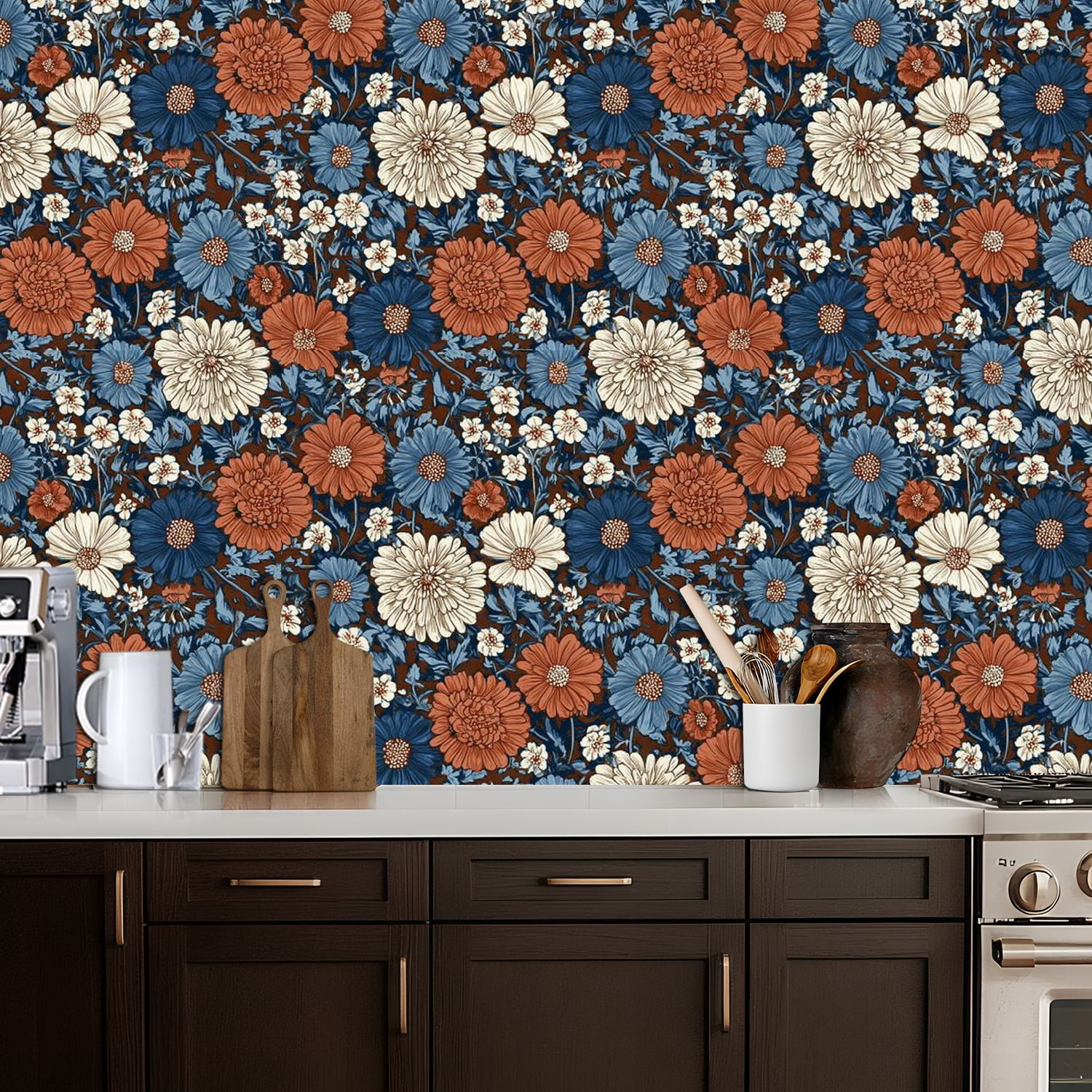 Peel and Stick Wallpaper 17.7in x 9.8ft Dark Brown Blue Vintage Floral White Accents Contact Paper Vinyl Self-Adhesive Removable Wall Paper for Bedroom Nursery Bathroom Renter Friendly