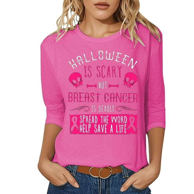 Fgnfyis T-Shirts pour Femmes T-Shirt Graphique Élégant de Sensibilisation au Cancer pour un Usage Quotidien Décontracté Haut à Col Rond Confortable avec Imprimé Inspirant pour le Printemps et l'Été Hauts pour Femmes Rose G