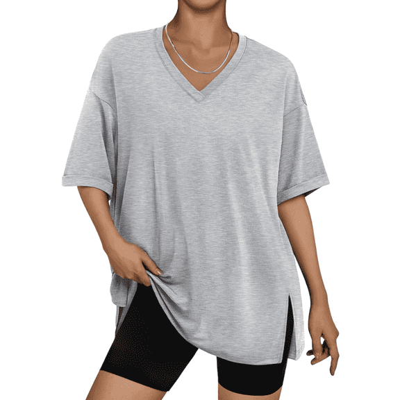 SOMER Womens Shirts Oversized Tshirts for Women Short Sleeve V Neck Slit Hem Summer Tops Gray Workout T Shirts Loose Fit Basic Tee