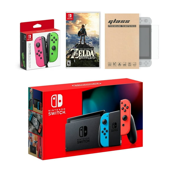 Nintendo Switch Red/Blue Joy-Con Console Bundle with an Extra Pair of Neon Pink/Green Joy-Con, The Legend of Zelda: Breath of the Wild, and Mytrix Tempered Glass Screen Protector