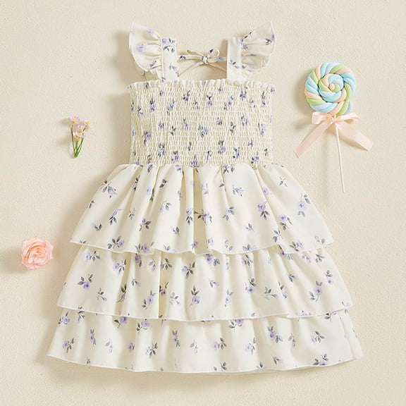 Vmvidoty Girls Dresses Summer Beach Short Sleeve Casual Sundress Beige 5 Years
