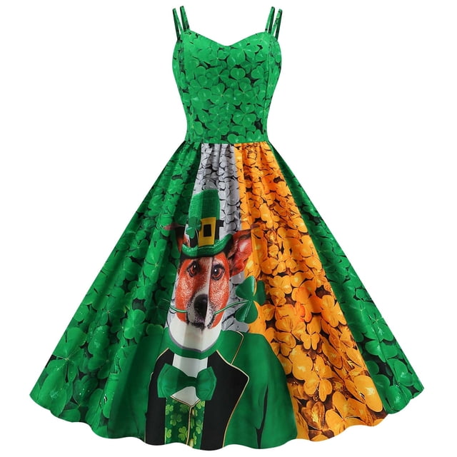 Patrick's Day Fashion Mujer sin mangas con cuello en V Impreso Ladies Slim Mini Camis Dress Pompotops ghjkhdj6725