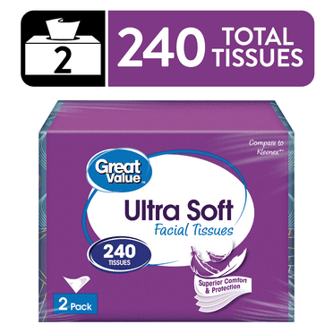 Great Value Ultra Soft Facial Tissues, 2 Flat Cartons, 120 Tissues per Flat, 3-Ply