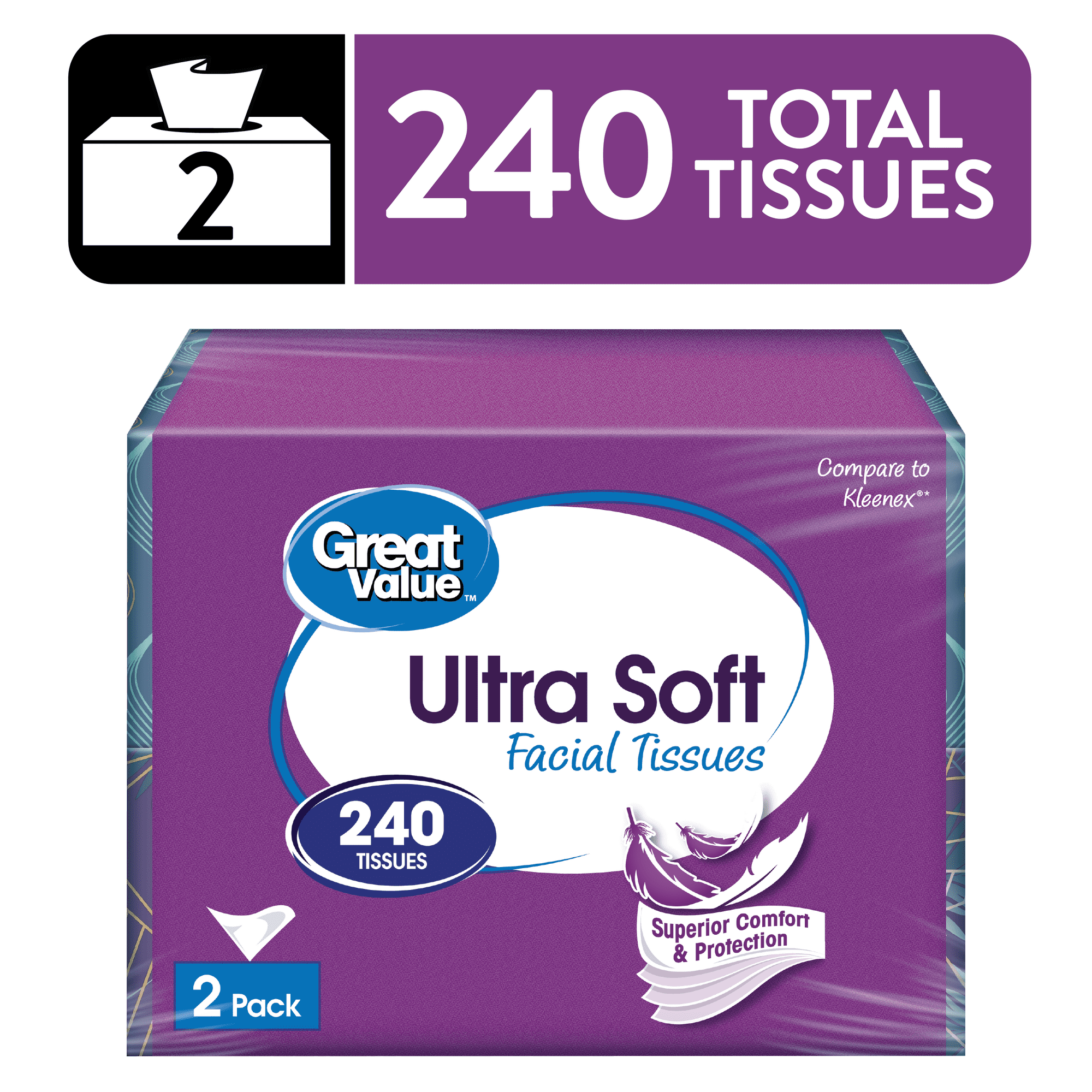 Great Value Ultra Soft Facial Tissues, 2 Flat Cartons, 120 Tissues per Flat, 3-Ply