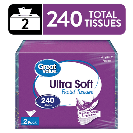 Great Value Ultra Soft Facial Tissues, 2 Flat Cartons, 120 Tissues per Flat, 3-Ply