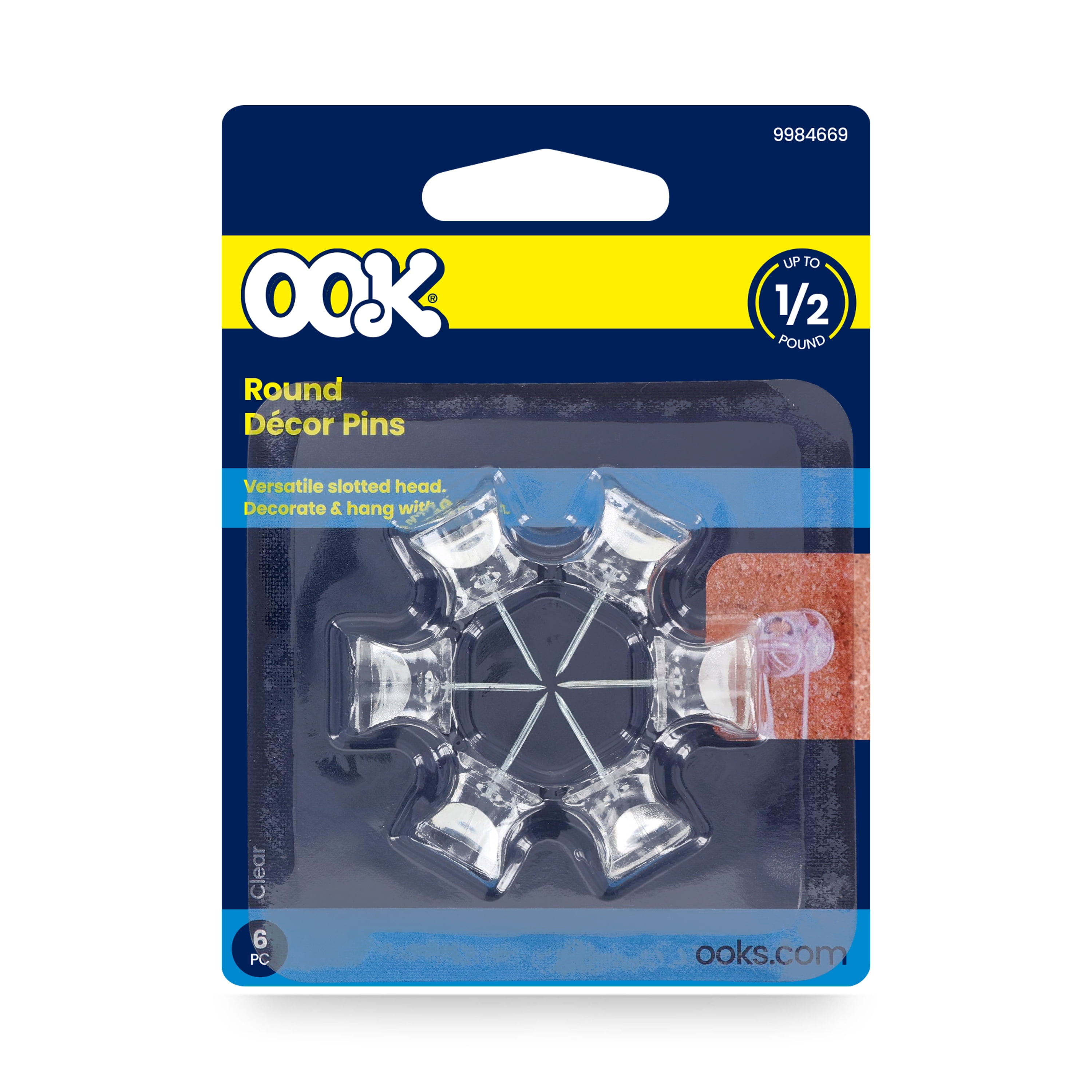 (2 pack) OOK Decor Pins, Lightweight Picture Hangers, Clear, Plastic, Pack of 6