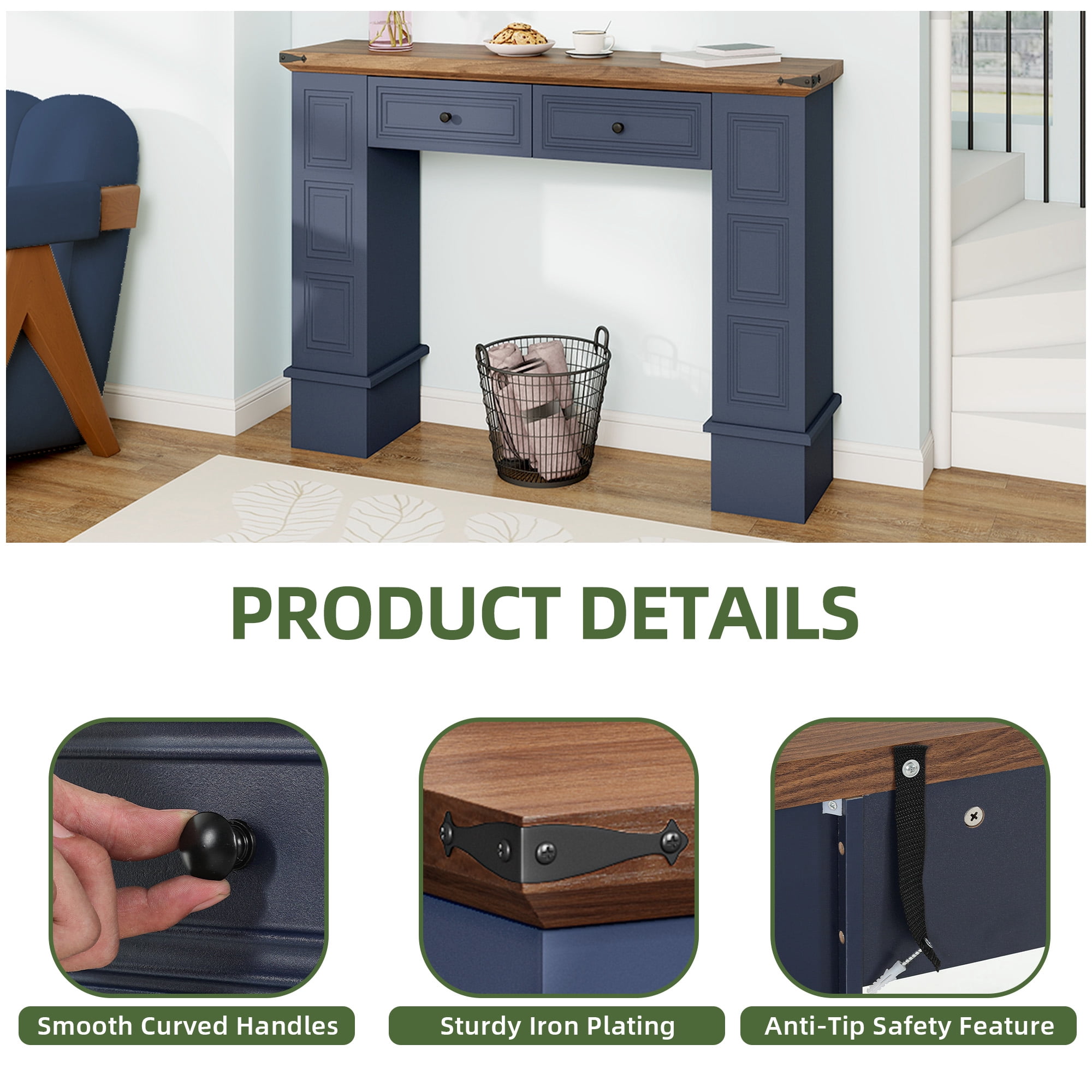 Uforic Console Table with Storage Drawers, Sofa Table for Living Room Entryway, Blue