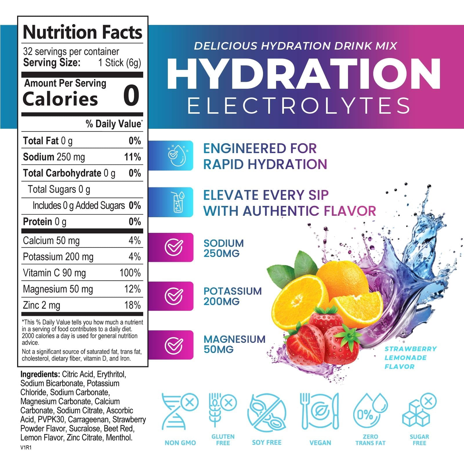 Electrolyte Hydration Packets - Best Electrolytes Drink Mix - Sugar Free Formula with Sodium, Potassium, Magnesium, Zinc & Vitamin C for Dehydration Relief and Rehydration, Strawberry Lemon (32 Pack)