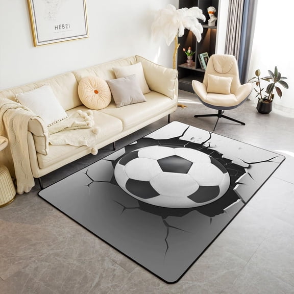 Soccer Area Rug Modern Sports Ball Game Football Non Slip Carpet ,Gray Cracked Wall Print Artwork Decorative Rug For Bedroom Playroom Backyard 4x5ft