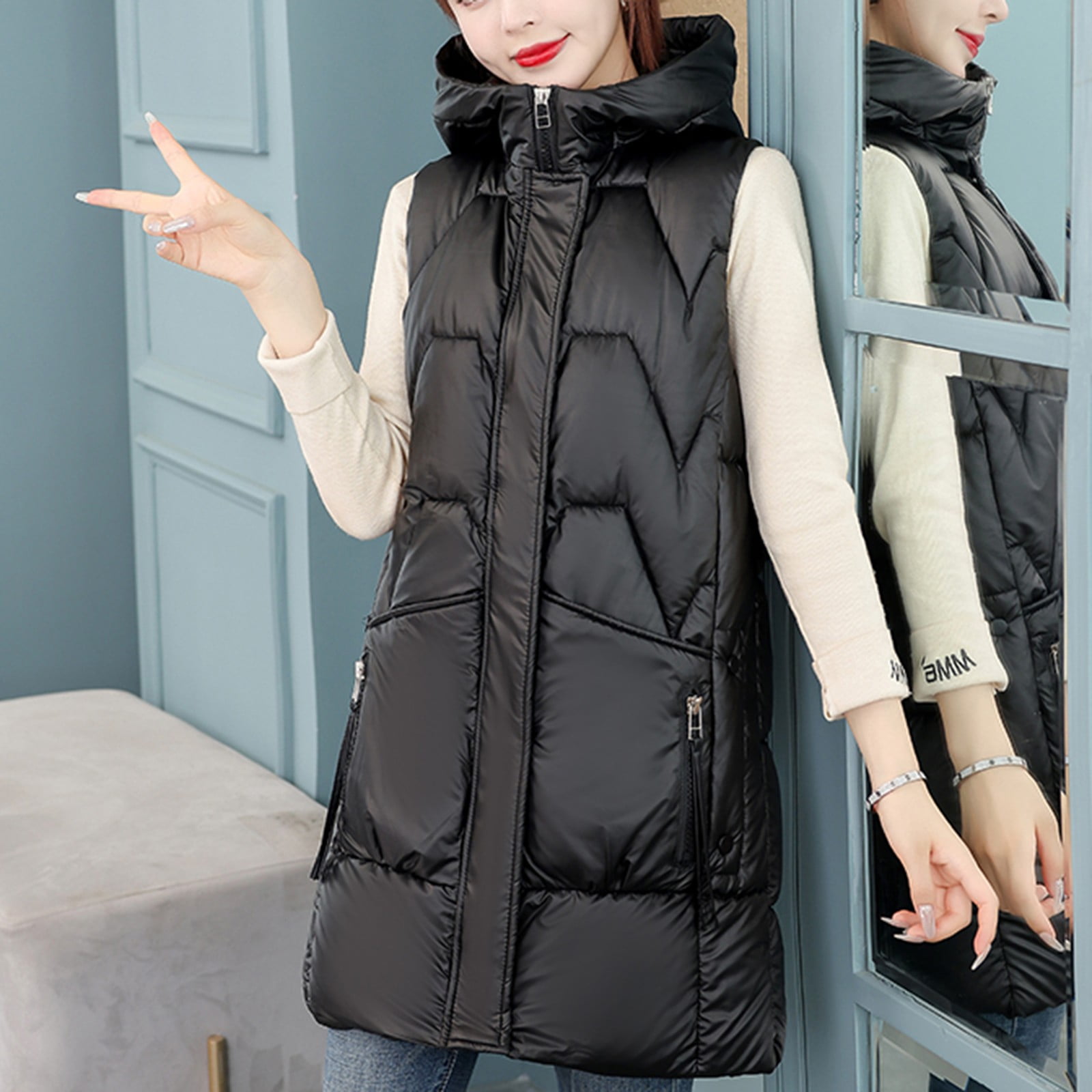 CAICJ98 Womens Vests Outerwear Women's Lightweight Zip Up Hooded Vest  Fashion Sleeveless Quilted jacket With Pockets Black,L 
