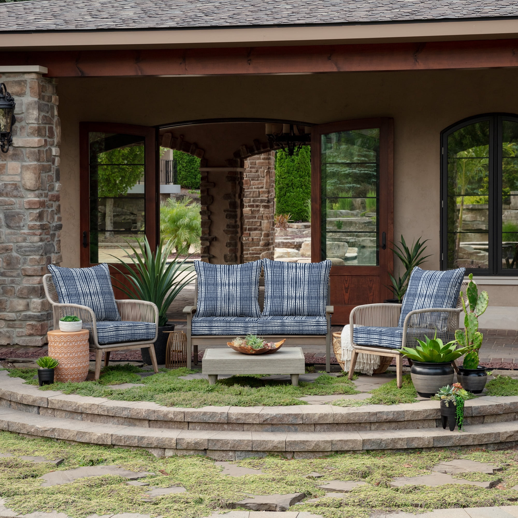 ARDEN Outdoor Deep Seat Cushion Set (2-Pack), 24 in x 24 in, Weather-Proof, Rain-Proof, Fade Resistant Patio Cushion for Chair, Sofa, and Couch Blue Shibori Stripe