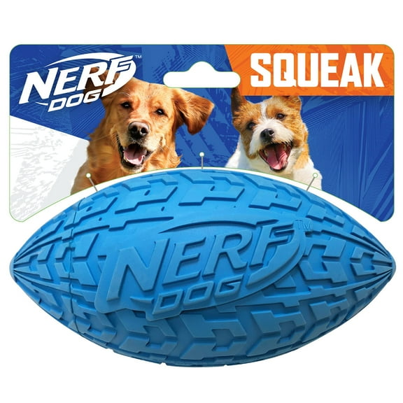 Nerf Dog Tire Football Dog Toy with Interactive Squeaker, Lightweight, Durable and Water Resistant, 6 Inch Diameter for Medium/Large Breeds, Single Unit, Blue 1571
