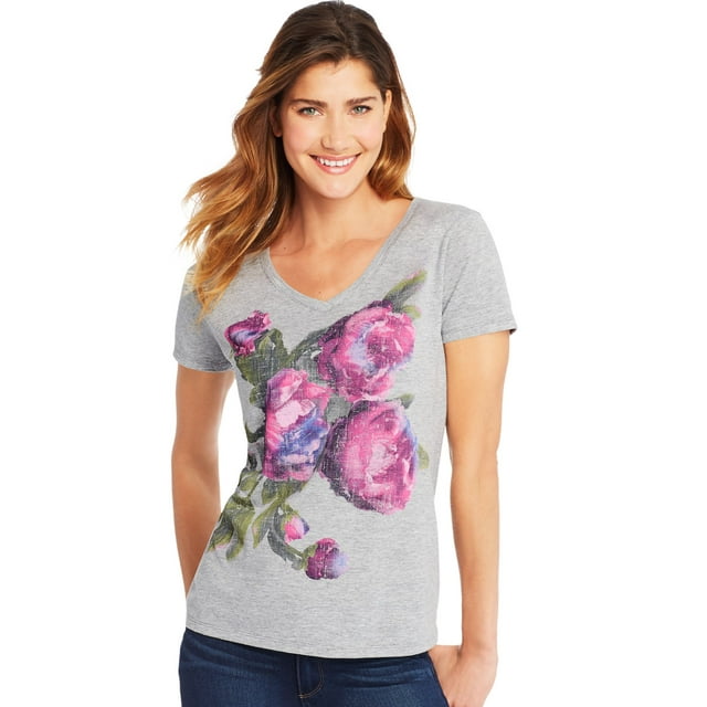 Hanes Womens Short Sleeve V-Neck Tee, S, Lucious Peonies/Light Steel