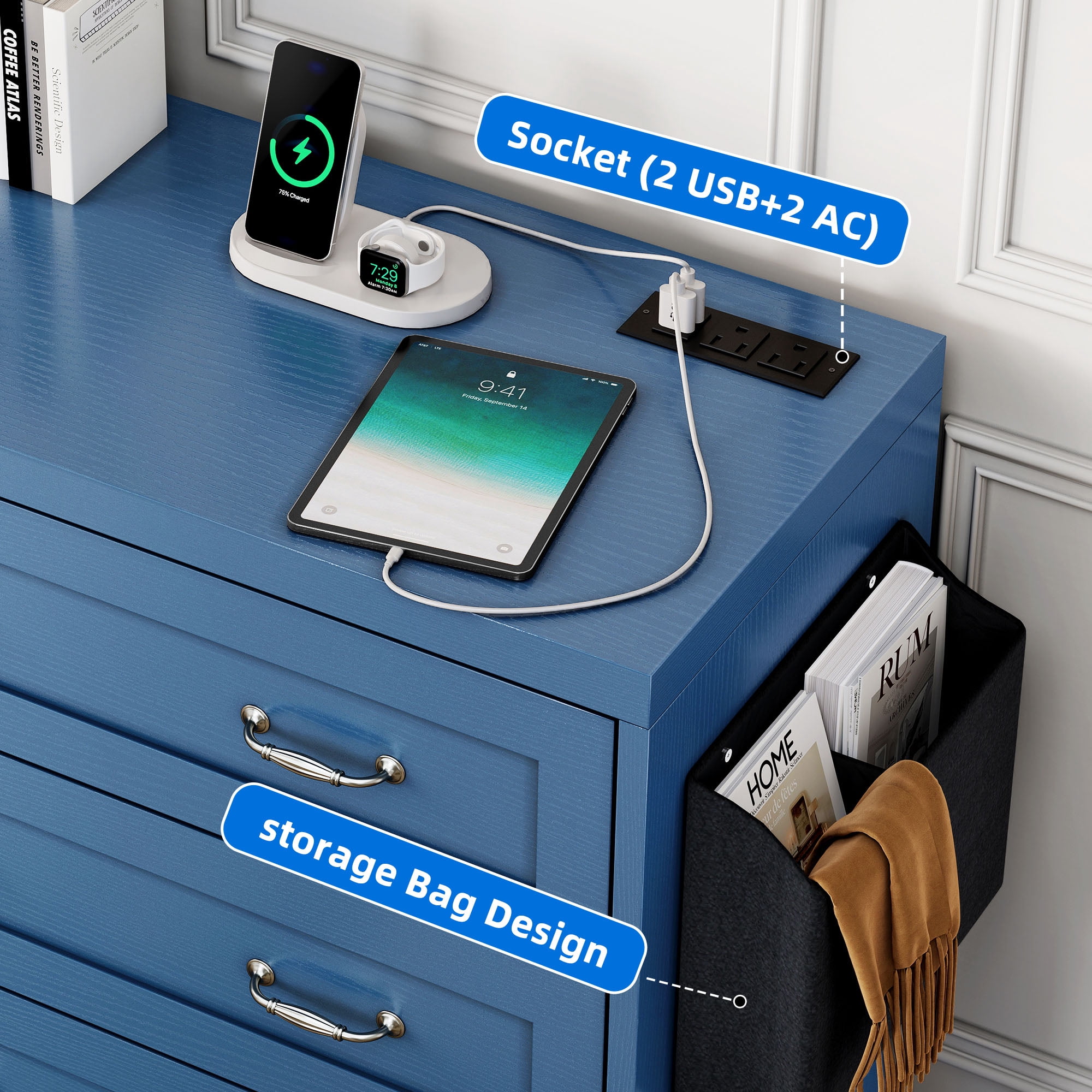 Dextrus 6 Drawer Dresser with Handles & Power Outlets, Wood Storage Cabinet Chest of Drawers, Blue