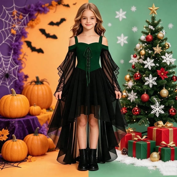 HCBY Girls Gothic Dress Halloween Party Dress Cold Shoulder Lace Up Front High Low Hem Medieval Mesh Sleeve for Kids