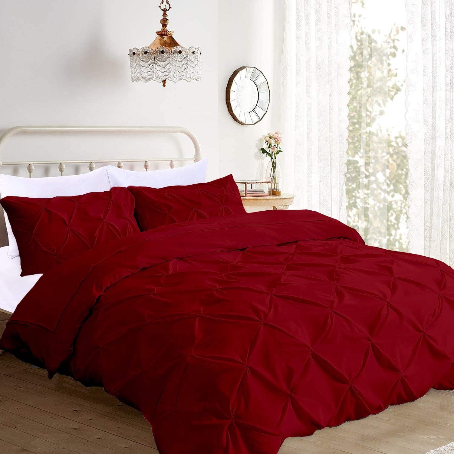 500-Thread Count 100% Egyptian Cotton Pinch Pleated Pintuck Design 3pc Duvet Cover Set , With Zipper Closure & Corner Ties - King-XL Size ( 98" x 116" ) Inches, (Burgundy)