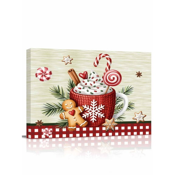 Christmas Coffee Canvas Print Wall Art Xmas Gingerbread Man Holly Snowflakes Green Stripes Red Plaid Pictures Painting Morden Artwork for Living Room Bedroom, Ready to Hang - 12"x16"