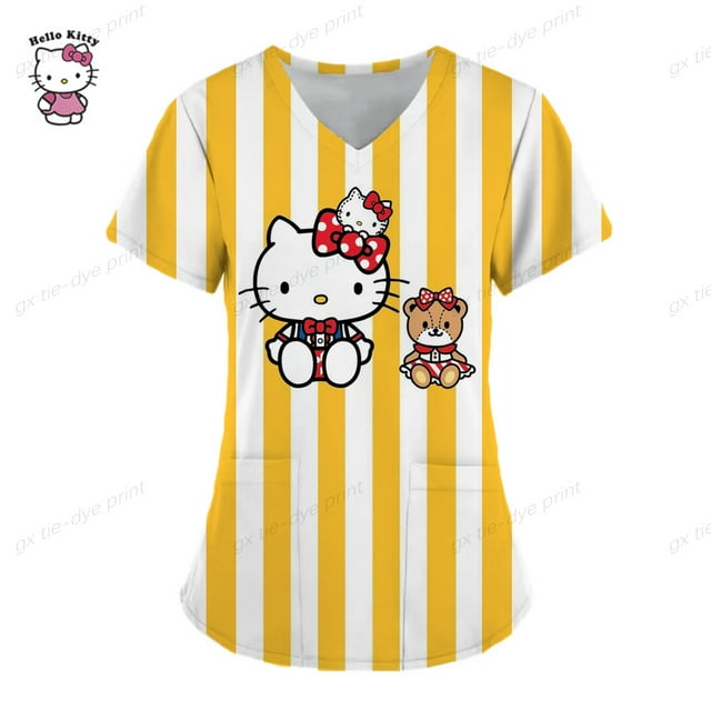 RWJDXD Kawaii Uniforme d'Infirmière Blouses Médicales pour Femmes Imprimé Hello Kitty Manches Courtes avec Poche Blouse d'Été