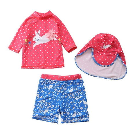 

Baby Toddler Girls Long Sleeve Swimsuit Kids Two Pieces Rash Guard Sunsuit with Hat UPF 50+ UV