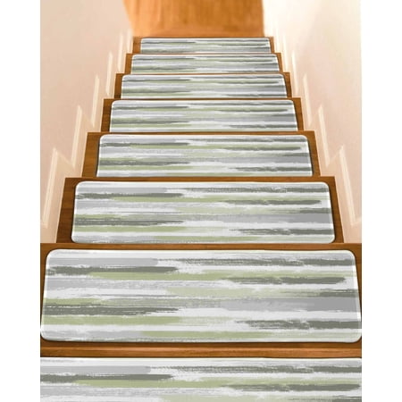 Green Abstract Stair Treads for Wooden Steps Indoor Runner Rug Carpet Grey Modern Mottled Art Oil Painting 7 Pieces Peel and Stick Staircase Step Treads Covers Washable Throw Door Mats 30 x8