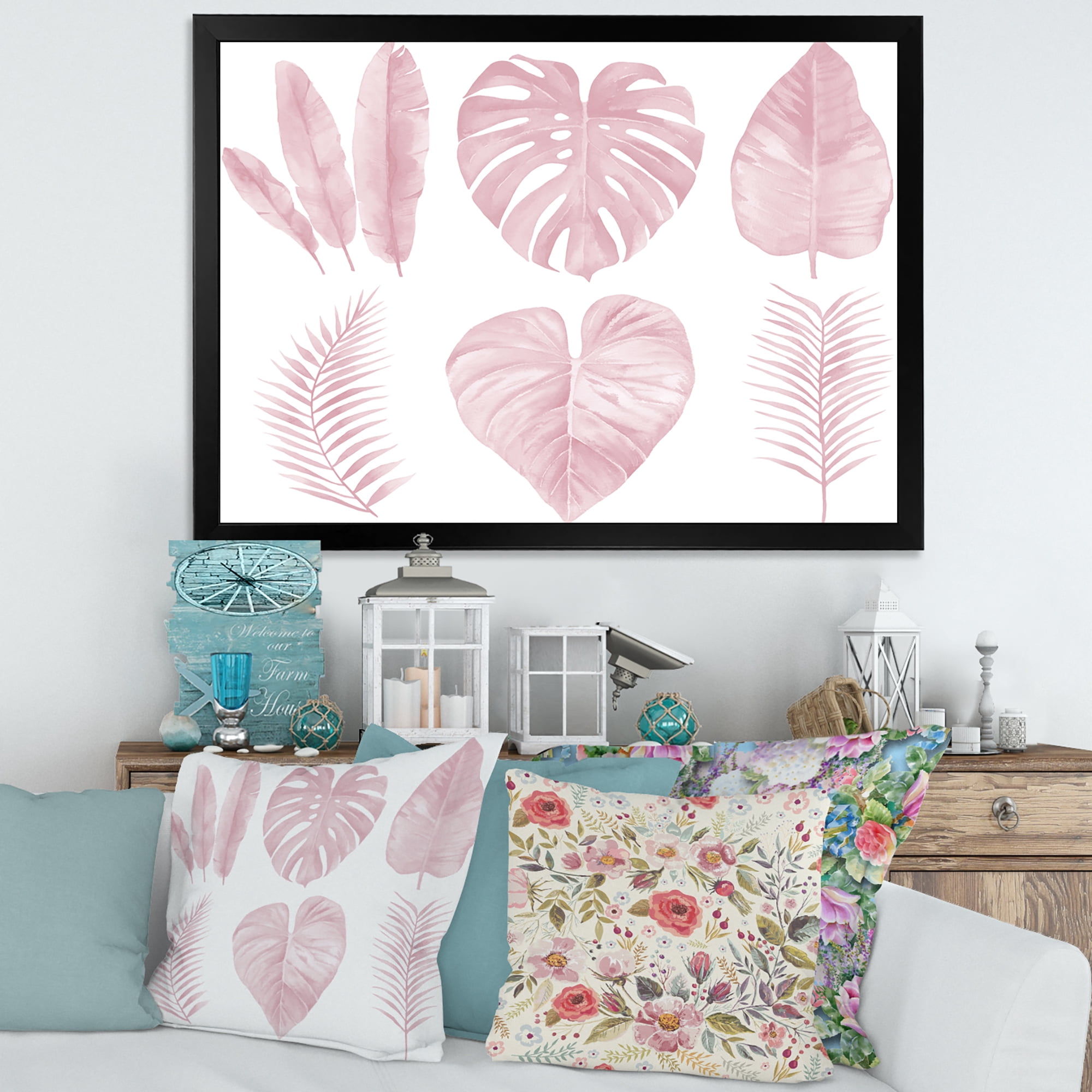 Designart 'Tropical Pink Watercolour Leaves On White I' Shabby Chic Framed Art Print