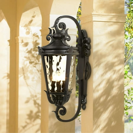 Hammered Platinum Three Light John Timberland Mediterranean Outdoor Wall Light Fixture Textured Black Scroll 27 1/2