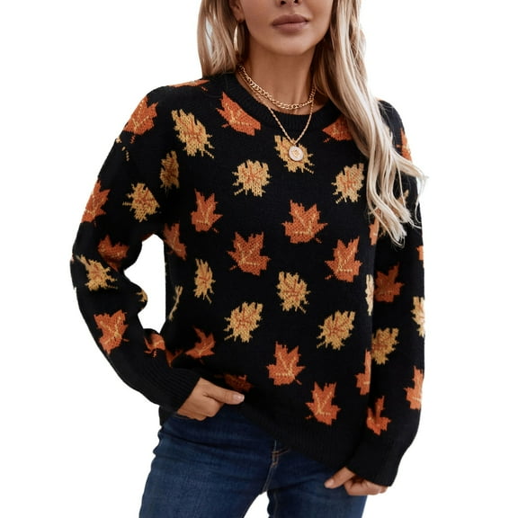 SWSMCLT Women's Soft Knit Sweater Maple Long Sleeve Pullover Sweaters Leaf Printed Winter Top Crewneck Fashion Warm Spring Loose Short Black Medium