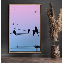 PixonSign Framed Canvas Print Wall Art Purple and Blue Sky with Birds Animals Wildlife Illustrations Modern Art Scenic Fun Multicolor Ultra for Living Room, Bedroom, Office - 16"x24" Natural