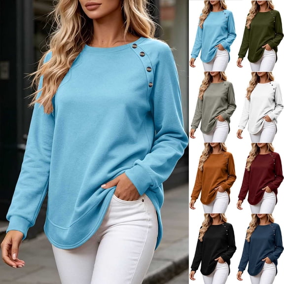 Horkkom Crewneck Sweatshirts Women Long Sleeve Solid Color Pullover Sweatshirts Casual Loose Sweat Shirts L