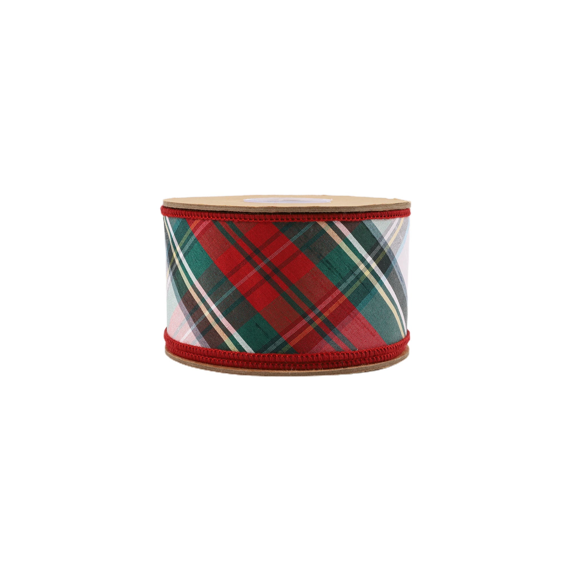 LaRibbons 2 1/2" Wired Dupioni Ribbon, Burgundy/Green/White Plaid Bias Cut, 5 Yard Roll