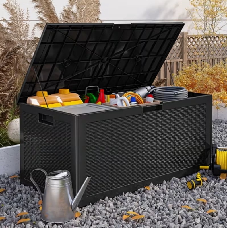 100 Gallon Resin Deck Box, Lockable Patio Outdoor Storage Box for Furniture, Garden Tools and Tools Storage, Waterproof Outside Storage Boxes for Garden, Terrace Furniture