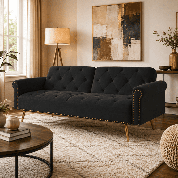 Velvet Futon Sofa Bed with Adjustable Split Back, Tufted Loveseat Couch, Gold Metal Legs, Modern Upholstered Sleeper Sofa for Living Room, Apartment, Black